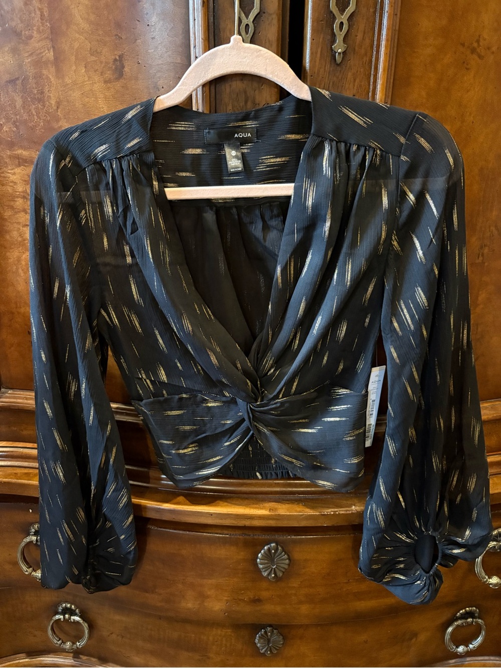 Aqua Black Blouse with Gold Metallic Streaks and Twist Front